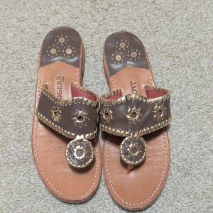 💛🤎 Jack Rogers 🤎💛 Brown Leather W Gold Whipstitch Sandals GUC size 8